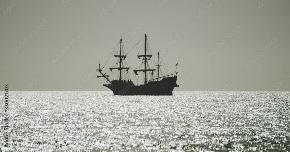 Christopher Columbus caravel replica ship sails in the mediterranean sea. Side view