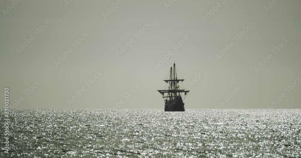 Christopher Columbus caravel replica ship sails away in the distance while birds fly around