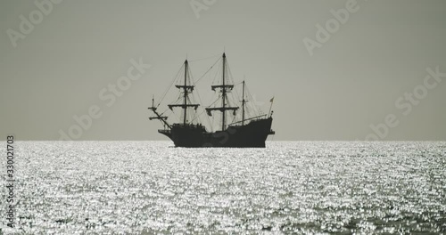 Christopher Columbus caravel replica ship sails in the mediterranean sea. Side view photo