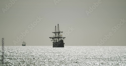 Christopher Columbus caravel replica ships sail in the mediterranean sea near Valencia. Second ship in distance