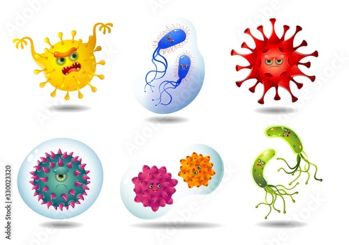 Six abstract cartoon viruses and bacteria ona a white background