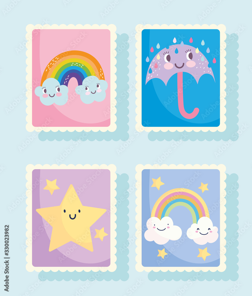 cute stamps, weather rainbow clouds umbrella rain stars icons