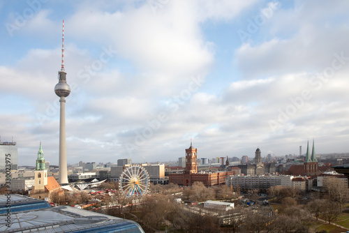 Berlin, Germany on 01.01.2020. The famous Fernsehturm television broadcasting tower at Alexanderplatz in downtown Berlin, Germany
