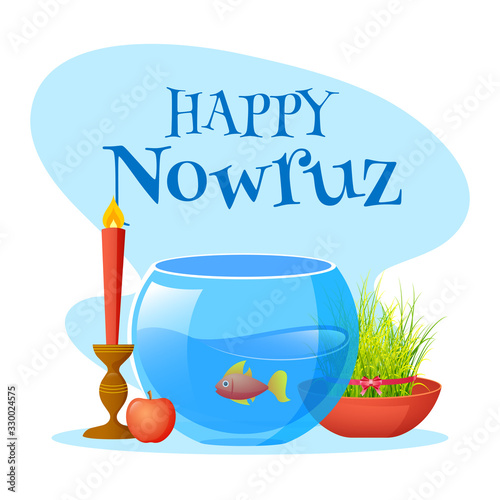 Happy Nowruz Font with Goldfish Bowl, Semeni (Grass), Apple and Illuminated Candle Holder on Abstract Background.