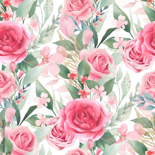 Watercolor floral backgrounds. Seamless pattern with pink roses and green leaves