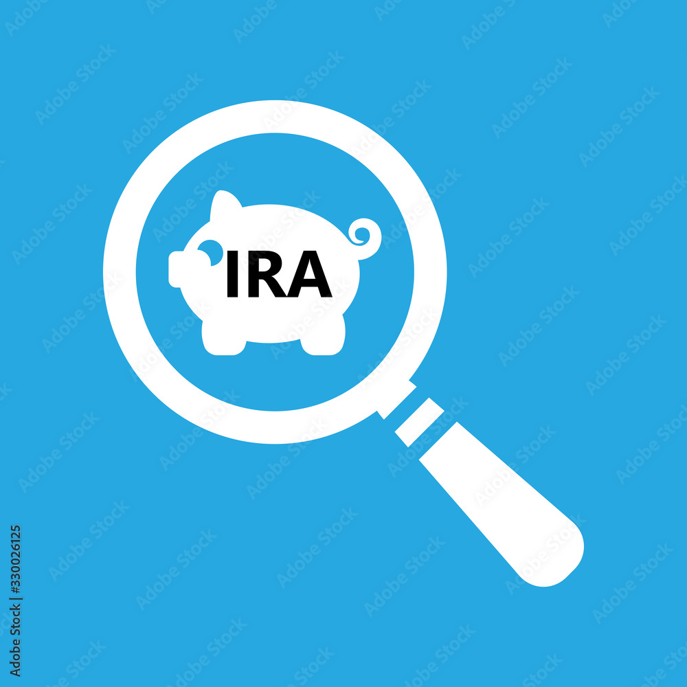 flat icon of magnifying glass looking for IRA white piggy bank account on blue background. search individual retirement account flat icon of magnifying glass looking for IRA white piggy bank account on blue background. search individual retirement account