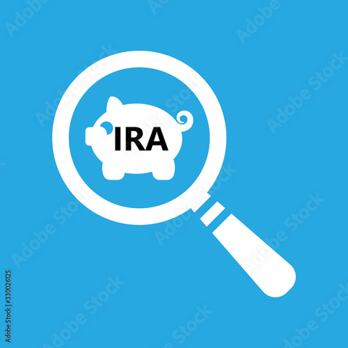 flat icon of magnifying glass looking for IRA white piggy bank account on blue background. search individual retirement account