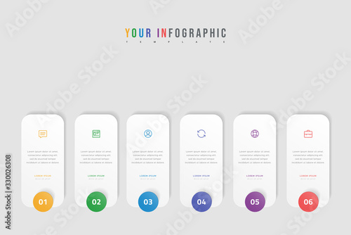 Vector timeline infographic with 6 options, steps or processes. Colorful template design