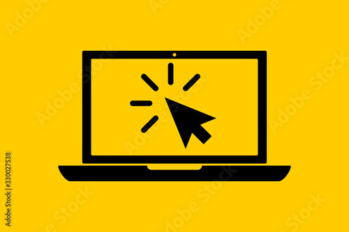 flat black laptop icon with choosing cursor or pointer isolated on yellow. Concept of using screen mobile computer or search choice click mouse for website. Vector illustration