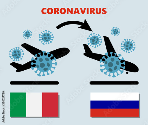 Novel corona virus disease Covid-19, 2019-nCoV, icon of departure of coronavirus-charged plane from Italy and arriving in Russia. Pandemic concept of international SARS infection