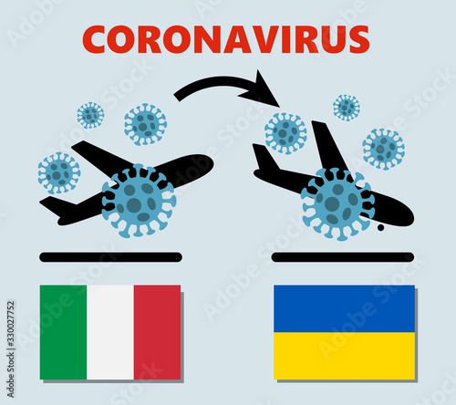 Novel corona virus disease Covid-19, 2019-nCoV, icon of departure of coronavirus-charged plane from Italy and arriving in Ukraine. Pandemic concept of international SARS infection
