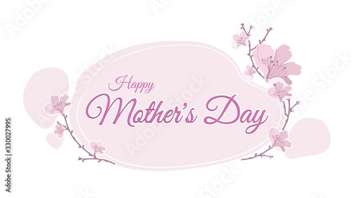 Happy Mothers Day postcard, banner, flyer vector template in soft pink colors on white. Hand writing and cherry sprigs or sakura blossoms. Motherhood, maternal bonds. Family holidays and celebrations