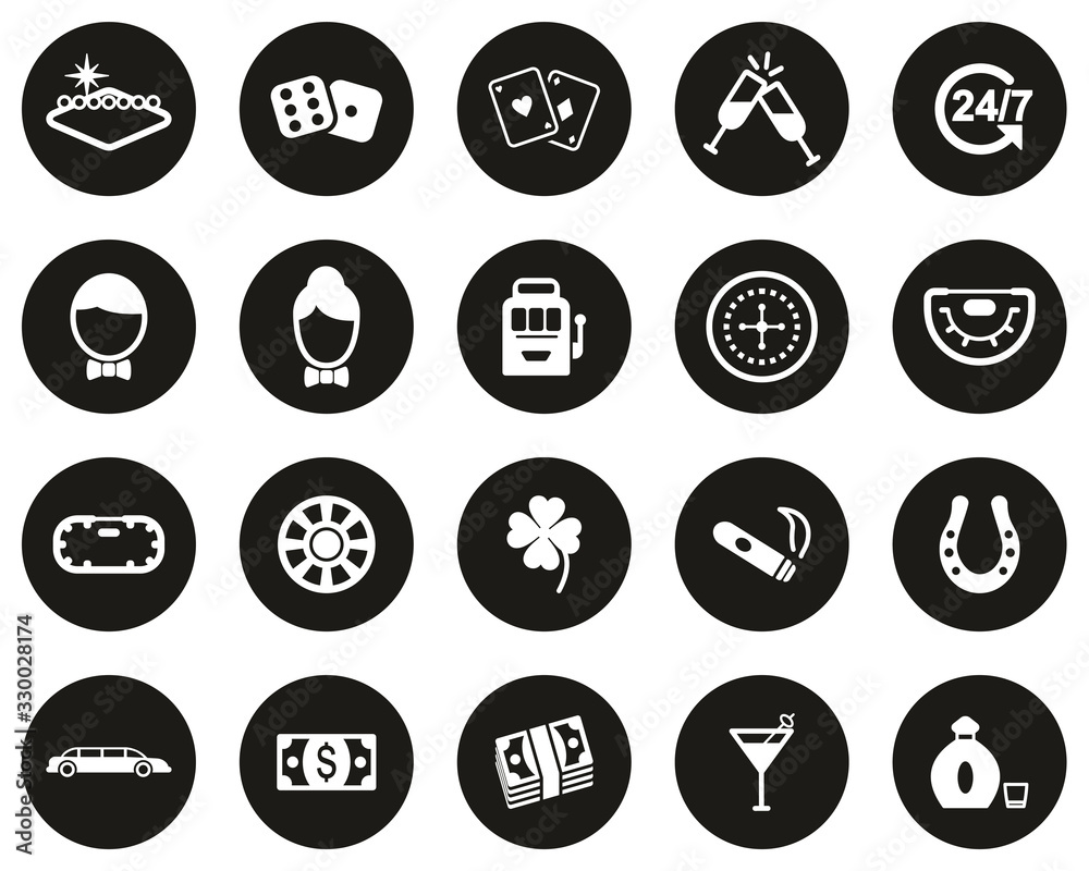 Las Vegas City & Culture Icons White On Black Flat Design Circle Set Big Las Vegas City & Culture Icons White On Black Flat Design Circle Set Big