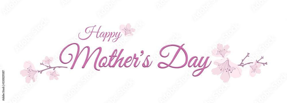 Happy Mothers Day horizontal banner, postcard vector template on white background, decorated with sprigs of cherry blossoms. Motherhood, maternal bonds. Family holidays and celebrations.