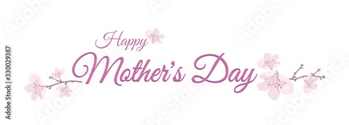 Happy Mothers Day horizontal banner, postcard vector template on white background, decorated with sprigs of cherry blossoms. Motherhood, maternal bonds. Family holidays and celebrations.