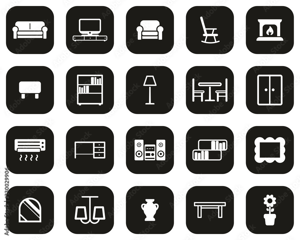 Living Room Furniture Icons White On Black Flat Design Set Big Living Room Furniture Icons White On Black Flat Design Set Big