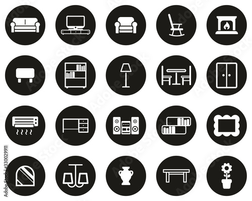 Living Room Furniture Icons White On Black Flat Design Circle Set Big