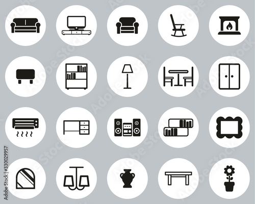Living Room Furniture Icons Black & White Flat Design Circle Set Big