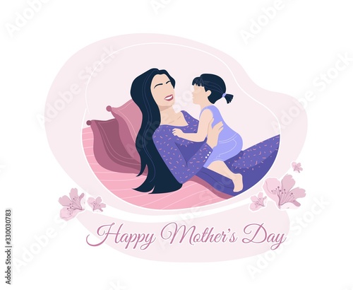 Happy Mothers Day postcard, story, banner or flyer vector template with cheerful mother lying on a sofa and playing with small daughter. Motherhood, maternal bonds. Family holidays and celebrations.