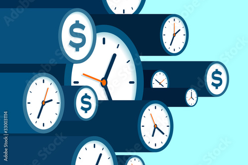 Clock and dollar icons in flat style, timers and money sign on blue background. Time management. More watch. Business vector illustration for you presentation