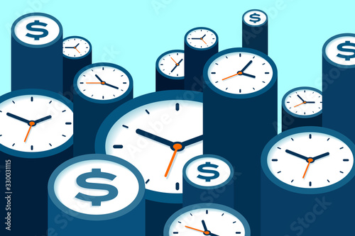 Clock and dollar icons in flat style, timers and money sign on blue background. Time management. More watch. Business vector illustration for you presentation