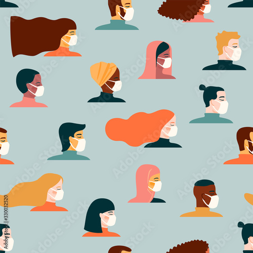 Coronavirus pandemic. 2019-nCoV. Vector seamless pattern with people in white medical face mask