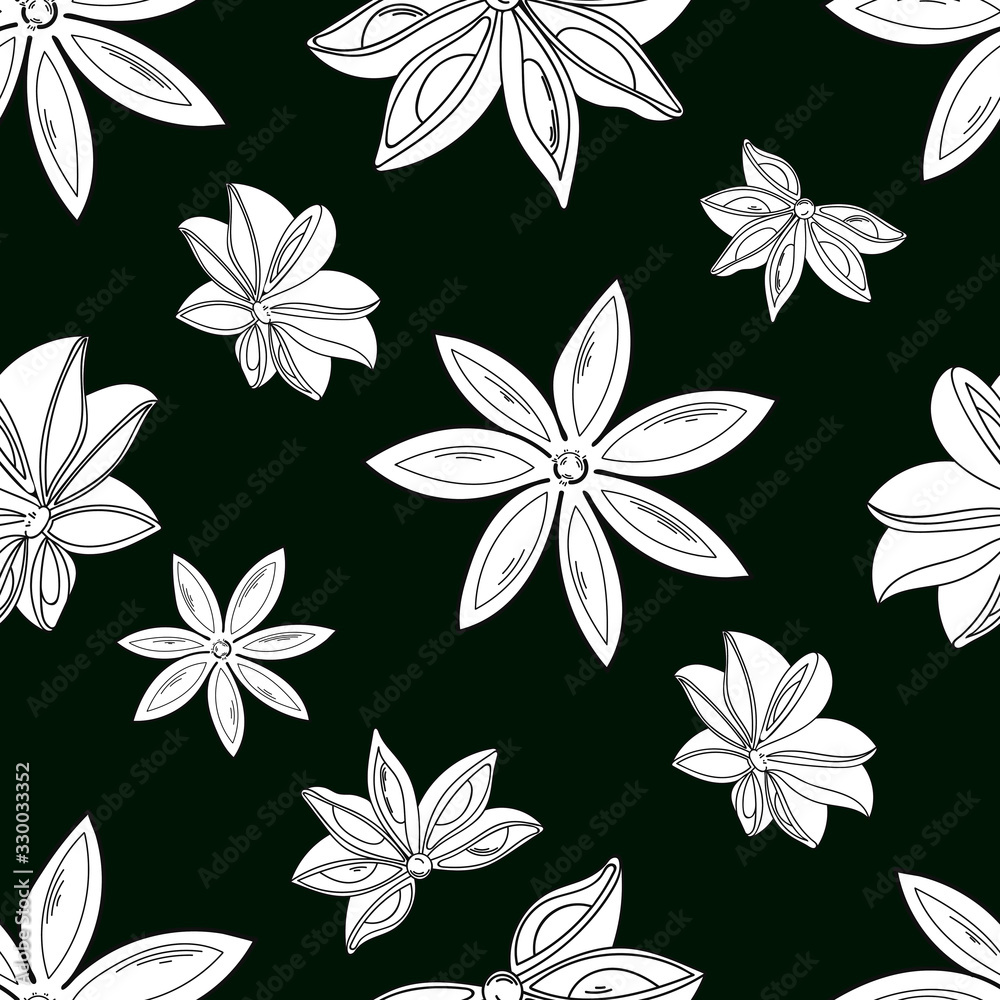 Vector seamless pattern. Seamless pattern with star anise. A good idea for a menu of templates, recipes, greeting cards, textiles, kitchens, cafes, websites, wallpapers, textiles, design and print. Vector seamless pattern. Seamless pattern with star anise. A good idea for a menu of templates, recipes, greeting cards, textiles, kitchens, cafes, websites, wallpapers, textiles, design and print.