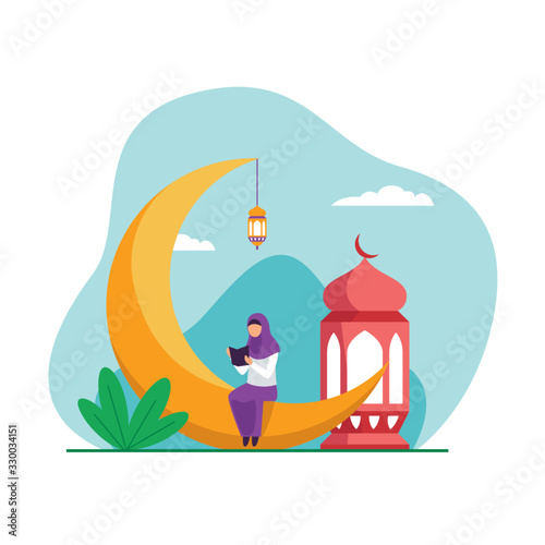 Muslim hijab girl sitting on the crescent moon object while reading holy book quran to fill ramadan activity vector flat illustration and islamic landscape background