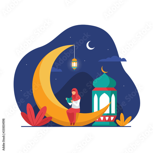Muslim hijab girl sitting on the crescent moon object while reading holy book quran to fill night ramadan activity vector flat illustration and islamic landscape background