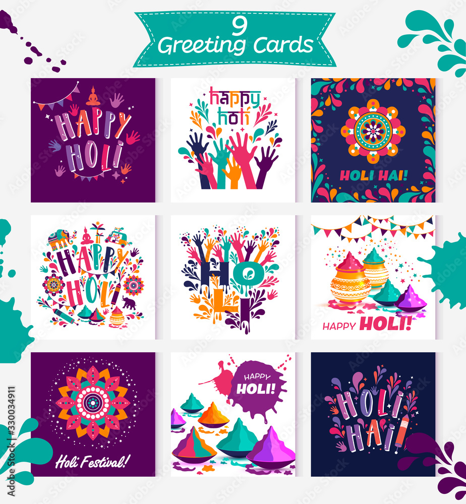Happy holi vector elements for card design , Happy holi design with colorful icon on 9 cards Happy holi vector elements for card design , Happy holi design with colorful icon on 9 cards