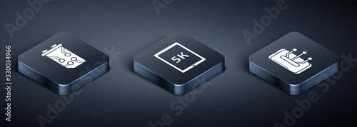 Set Isometric Video graphic card, Smartphone, mobile phone and Tablet with text 5k icon. Vector