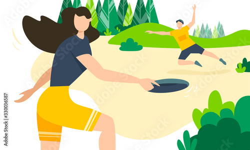 Faceless man and woman wearing shorts and t-shirts playing frisbee and having fun in park. Girl throws disk through the air and guy catching. Sports in everyday life. Healthy spring outdoor activity.