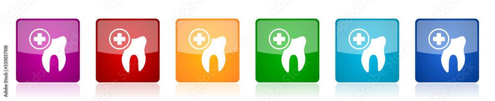 Dentist icon set, dental, tooth colorful square glossy vector illustrations in 6 options for web design and mobile applications Dentist icon set, dental, tooth colorful square glossy vector illustrations in 6 options for web design and mobile applications