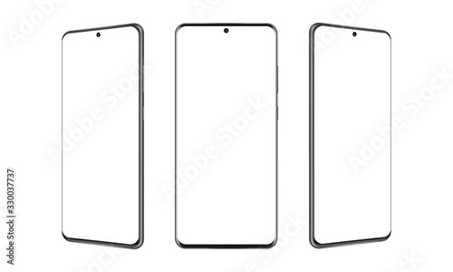 Modern frameless smartphones mockups with blank screens, isolated on white background. Vector illustration photo
