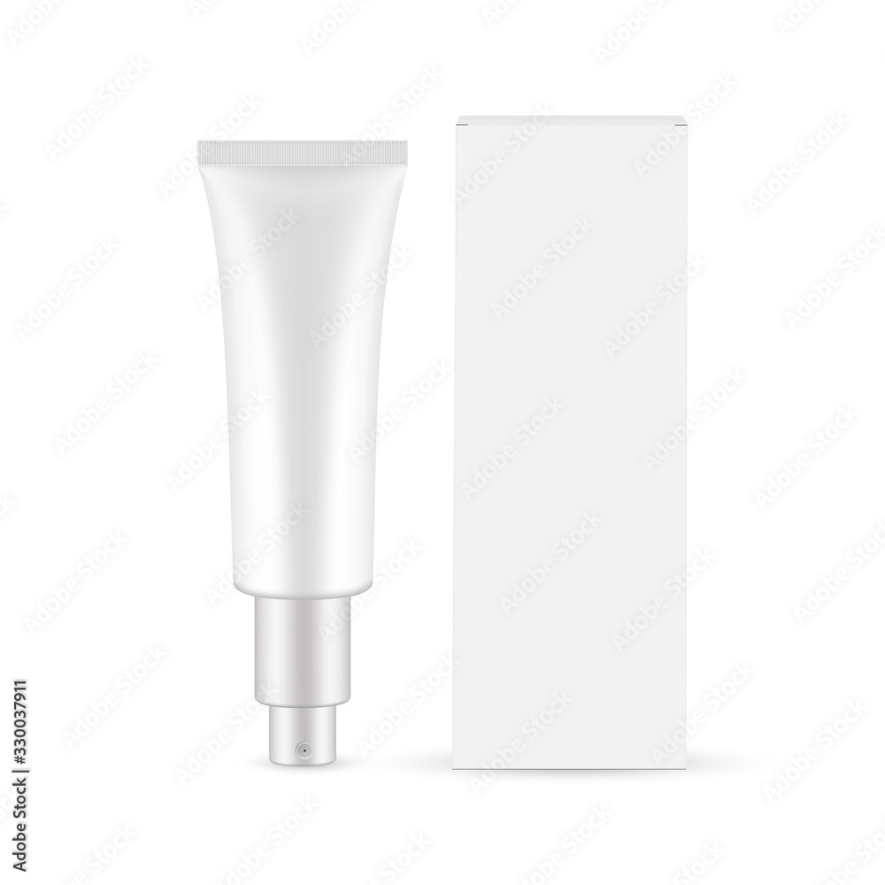 Cosmetic tube with pump and paper box, front view, isolated on white background. Vector illustration Cosmetic tube with pump and paper box, front view, isolated on white background. Vector illustration