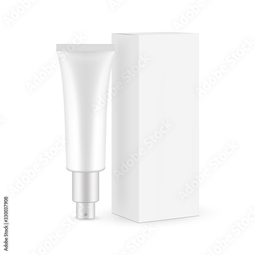 Cosmetic tube with pump and box isolated on white background. Vector illustration