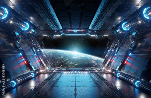 Photo Blue and red futuristic spaceship interior with window view on planet Earth 3d r