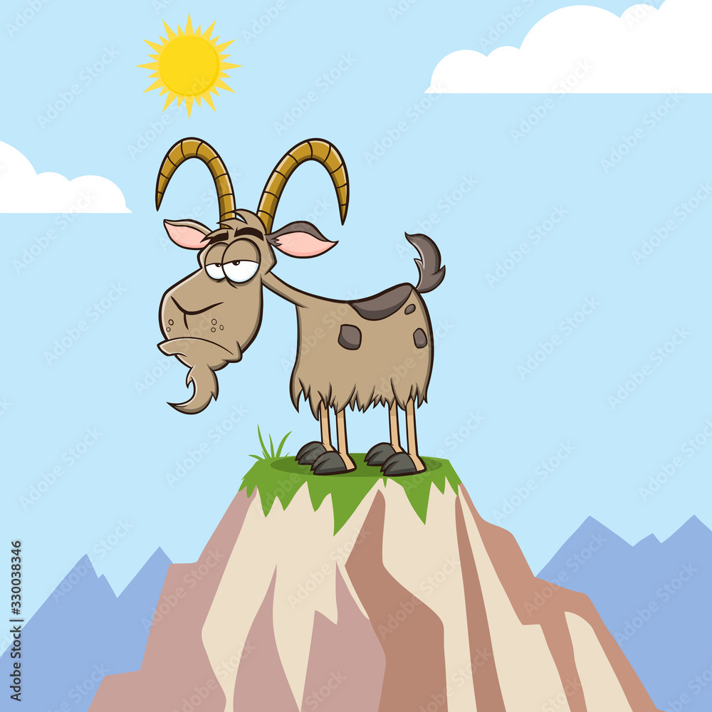 Grumpy Goat Cartoon Mascot Character On Top Of A Mountain. Vector  Illustration With Background Stock Vector | Adobe Stock