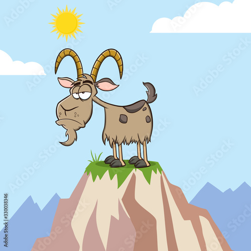 Grumpy Goat Cartoon Mascot Character On Top Of A Mountain. Vector Illustration With Background