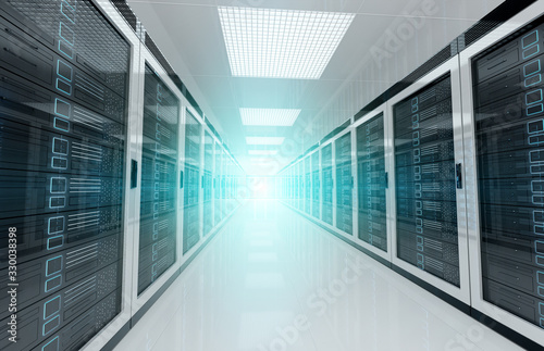 White servers data center room with bright halo light through the corridor 3D rendering