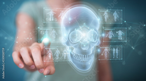 Woman using digital x-ray skull holographic scan projection 3D rendering