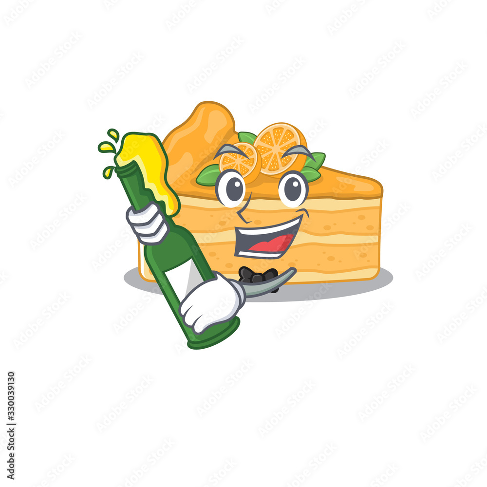 cheesecake orange with bottle of beer mascot cartoon style