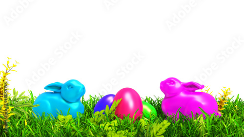 Easter bunnies and eggs in the center on the green grass. 3D illustration isolated on white background.