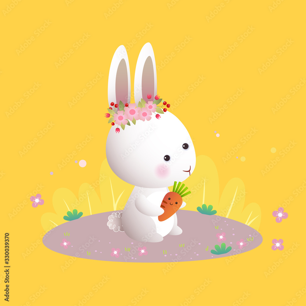 Vector illustration cartoon white bunny with flower wreath holding a carrot in the garden.