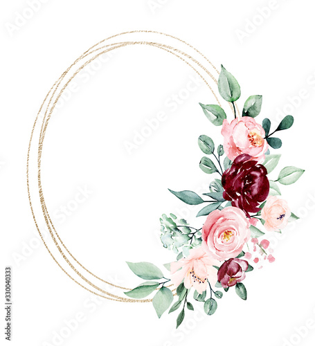 Gold frame wreath border. Watercolor hand painting floral geometric background. Flowers roses isolated on white background. Greeting card design.