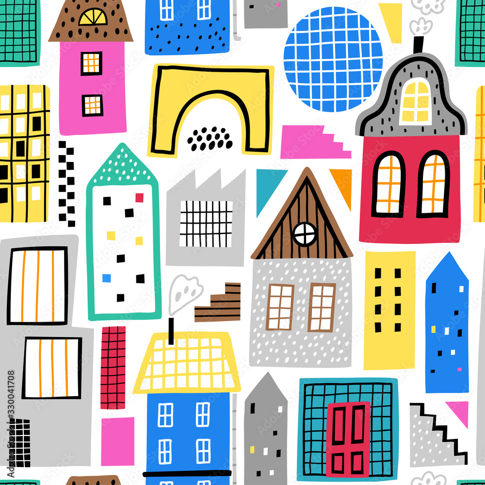 Childish seamless pattern with old and modern buildings and abstract shapes. Good for kids fabric, textile, nursery wallpaper. Seamless city landscape.