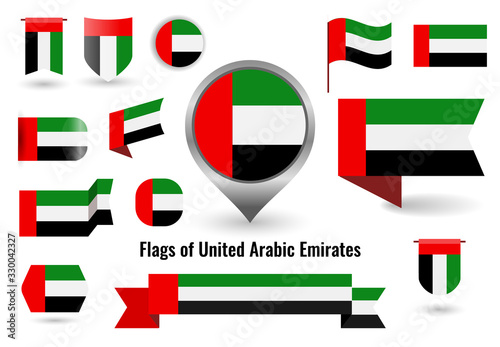 A large set of icons and signs with the flag of the UAE. Square and round united arabic emirates flag. Collection of different types of horizontal and vertical.