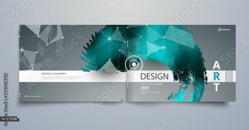 Abstract composition. Text frame surface. Green, a4 brochure cover design. Title sheet model set. Polygonal space icon. Vector front page font. Ad banner form texture. Polygonal art design. Plexus.