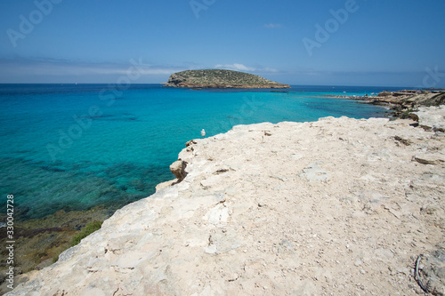 Ibiza Balearic islands Spain on June 20, 2019 Comte beach with the turqoise Mediterranean sea.