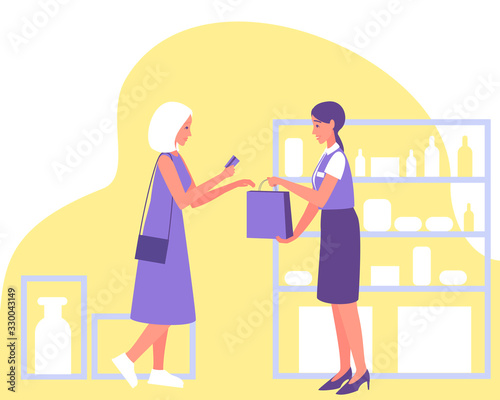 A customer pays with a credit card at a cosmetic store. Modern illustration for marketing design. Grocery shopping concept. Grocery store. Retail concept. Credit card. Vector flat illustration.